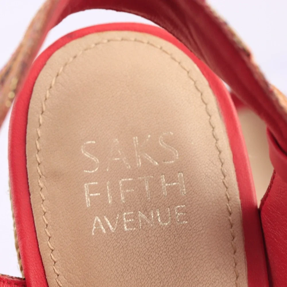 Saks Fifth Avenue Women Lillian Sandal Size 8 Red Espadrille Wedge Platform Shoe